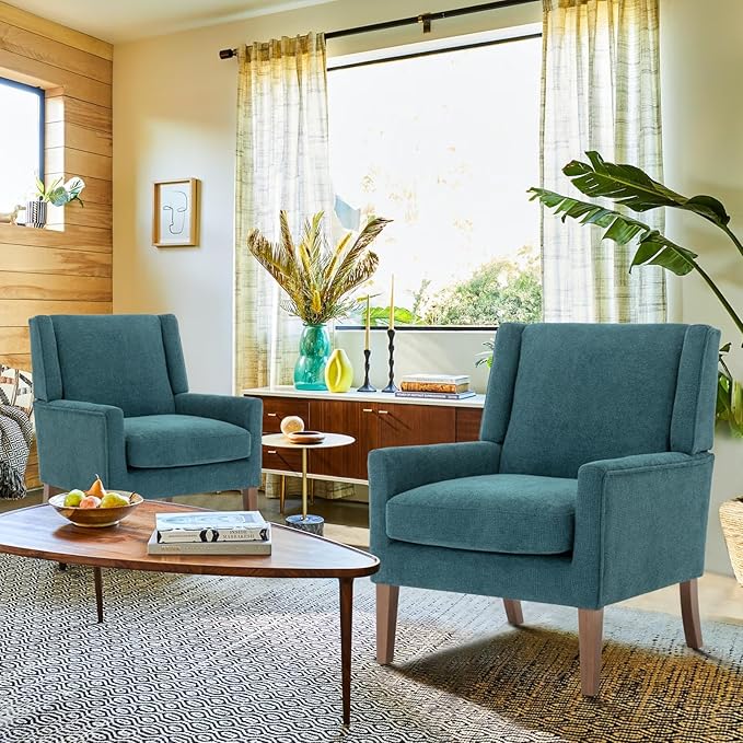 COLAMY Modern Wingback Living Room Chair Set of 2, Upholstered Fabric Accent Armchair, Single Sofa Chair with Lounge Seat and Wood Legs for Bedroom/Office/Reading Spaces, Teal