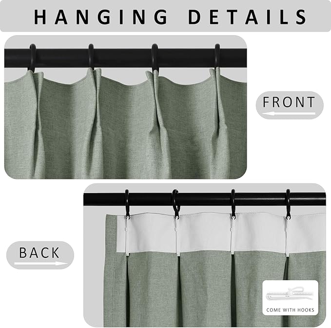 Macochico 100% Blackout Pinch Pleated Linen Curtains 84 Inch Length Thermal Blackout Curtains for Bedroom Living Room Nursery Fog Green Farmhouse Burlap Curtains with Tieback 52”Wx84”L 1 Panel