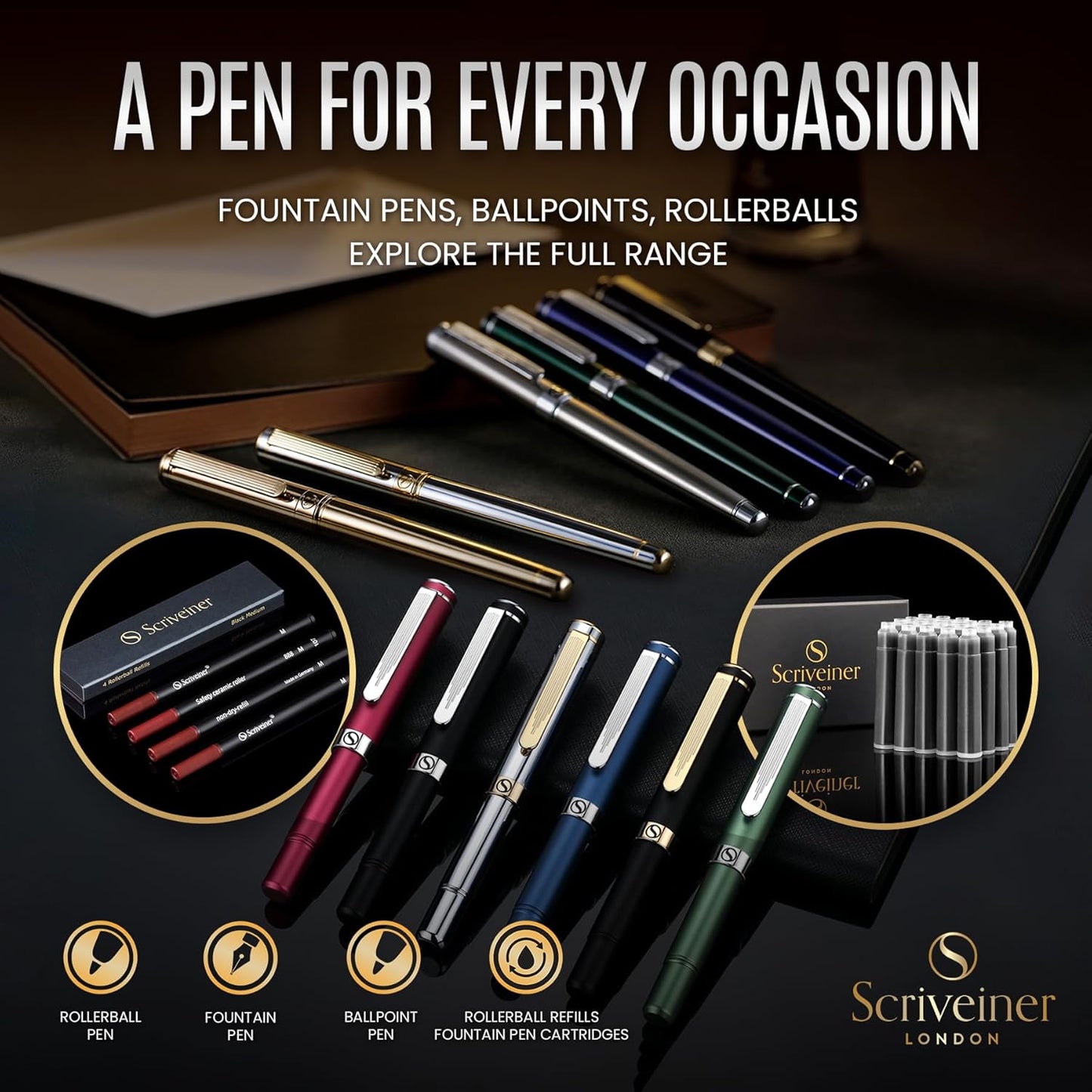 Scriveiner Personalized Deep Crimson Red Pen - Stunning Red Lacquer Luxury Pen with Chrome FinishGerman Schmidt Nib (Medium), Best Engraved Fountain Pen Gift Set for Men & Women, Name Engraving