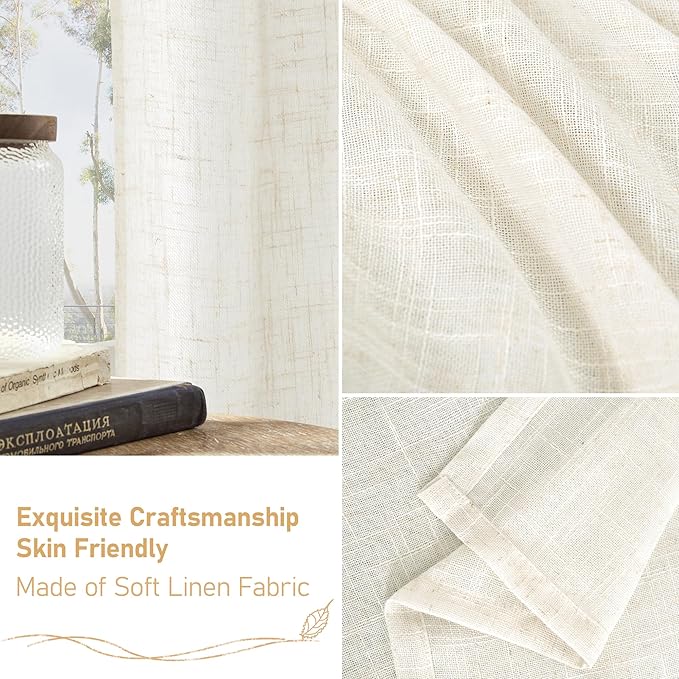 LAMIT Light Filtering Sheer Linen Curtains 84 inches Long, Linen Textured Semi Sheer Bronze Grommet Natural Boho Drapes for Living Room/Farmhouse/Bedroom, 2 Panels, Cream, 60 x 84 Inch