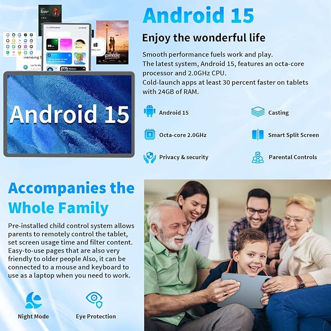 2026 Upgraded Android 15 Tablet, 11 inch Tablets with Keyboard, 24GB+128GB+2TB Expand, Octa-Core, 8000mAh, Gemini AI, 5G/2.4G WiFi, BT5.0, GMS, GPS, 2 in 1 Tablets with Case, Mouse, Stylus(Black)
