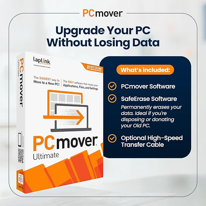 Laplink PCmover Ultimate 11 - Migration of your Applications, Files, and Settings from an Old PC to a New PC - Data Transfer Software - With Optional Super Speed USB 3.0 Transfer Cable - 1 License