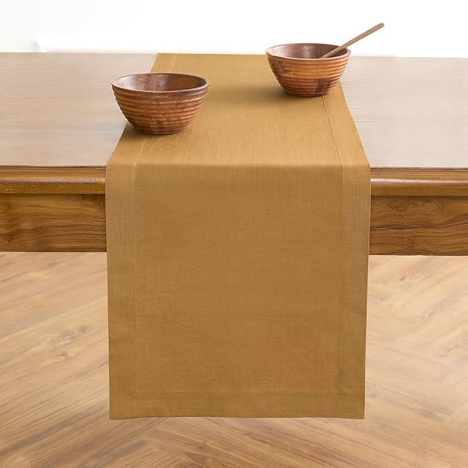 Solino Home Linen Caramel Table Runner 132 Inches Long - 100% Pure Linen Extra Long Table Runner 14 x 132 Inch for Fall, Autumn, Thanksgiving - Fete
