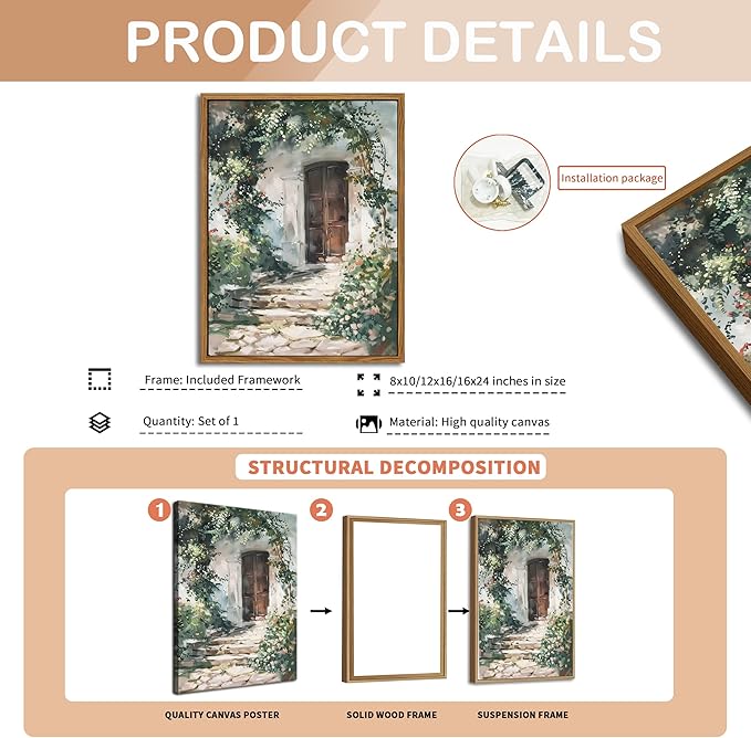 Floating Framed Canvas Vintage Wall Art, Rustic Cottage Spring Garden Oil Paintings Print, Country Floral Pictures Wall Decor for Living Room Bedroom Office Home Decor 16x24 inch
