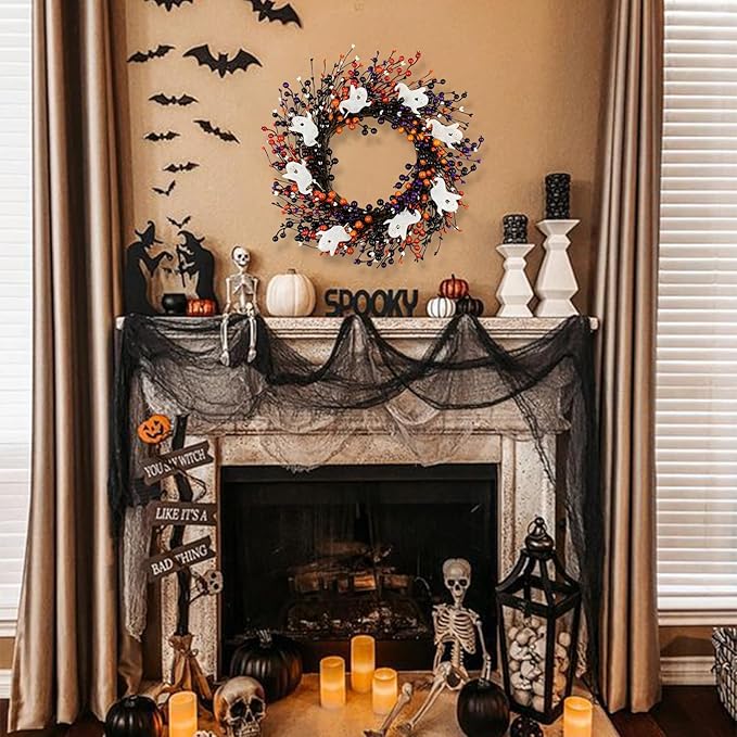 20-Inch Halloween Wreath - Handmade Orange & Black Berry Wreath with Adorable Mini Ghosts, Spooky Front Door Decor for Halloween Party