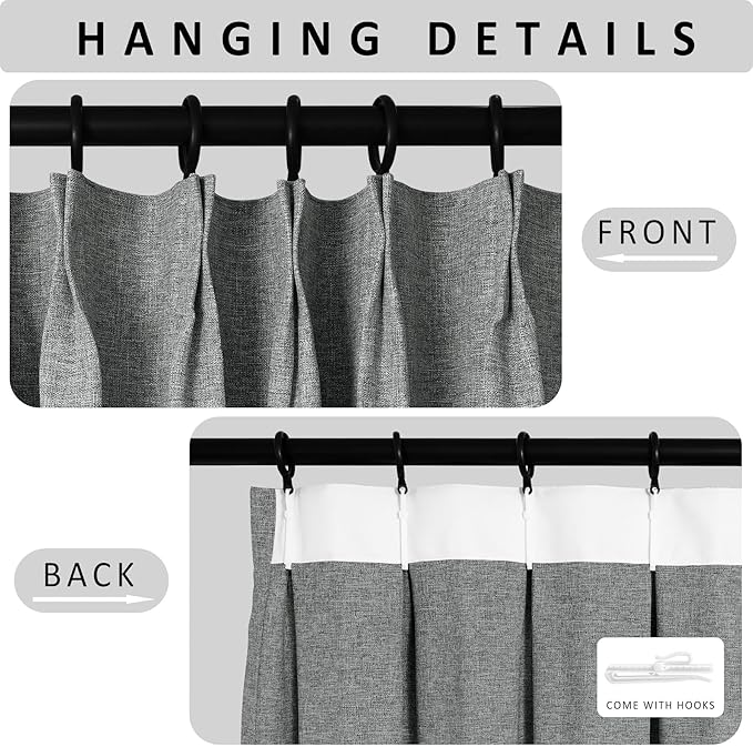 Macochico Pinch Pleated Blackout Linen Curtains 96 Inches Long 100% Light Blocking Burlap Curtains for Bedroom Living Room Thermal Window Panels with Tieback 72”Wx96”L Mid Grey 1 Panel