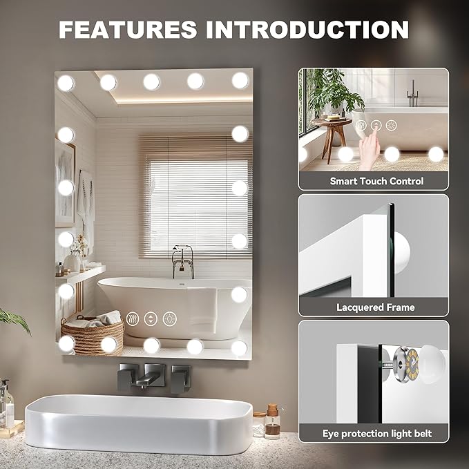 Hasipu LED Bathroom Mirror with Lights, 84" x 40" Hollywood Wall-Mounted Bathroom Mirror with 34 Dimmable Bulbs, 3 Colors Modes, Touch Control, Anti-Fog, Memory Function, Shatter-Proof, ETL Listed