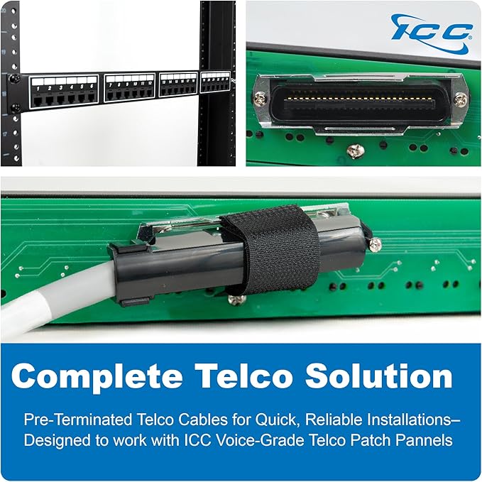 ICC Female to Male 25 Pair Telco Cable 15ft - Cat3 24AWG, 100% Solid Pure Copper, Gray Riser CMR Cable with 90 Degree 50 Pin Telco Connector for Voice and Low Data PBX Applications, 15 Feet