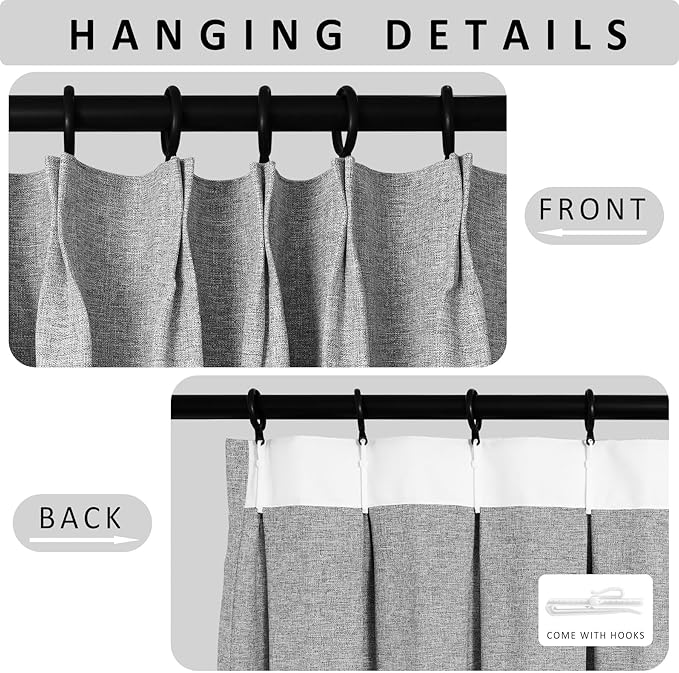 Macochico Pinch Pleated Blackout Linen Curtains 96 Inches Long 100% Light Blocking Burlap Curtains for Bedroom Living Room Thermal Window Panels with Tieback 72”Wx96”L Light Grey 1 Panel