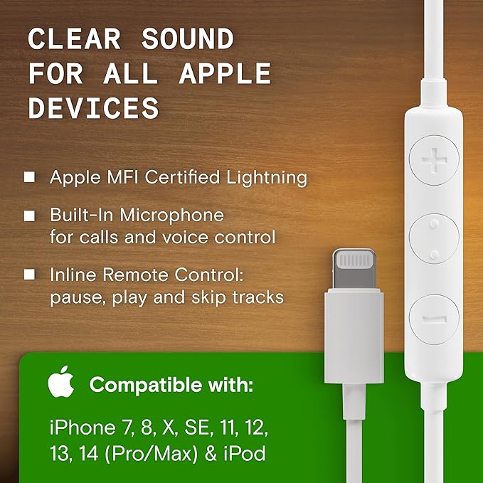 Symphonized iPhone Earphones Wired Deep Bass Sound, 3D Sound, Microphone Volume Control, 90% Noise Cancelling, Bubinga Wooden with Lightning (Apple MFI Certified), iPhone SE to 14 Earbuds (White)