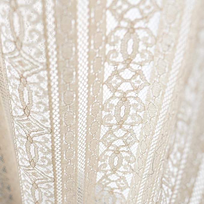 Sutuo Home Boho Curtain Crochet Lace Semi-Sheer Florals Hollow Knitted Handmade Tassels, Rod Pocket Window Treatment Vintage Rustic Farmhouse Drapes for Living Bedroom, 1 Panel 59" W x 63" L, Beige