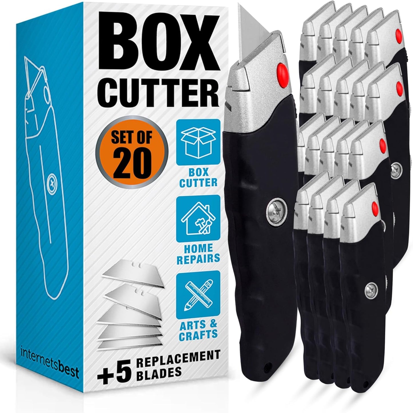 Internet's Best Premium Utility Knife - Set of 20 - Retractable Razor Knife Set â 5 Extra Blade Refills - Box Cutter Locking Razor Knife â Rubber Grip - Black