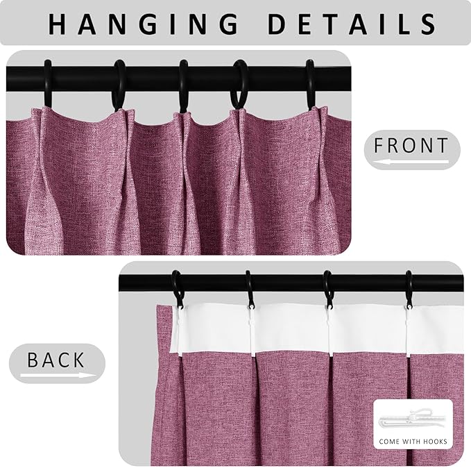 Macochico 100% Blackout Lilac Linen Curtains 84 Inches Long Pinch Pleated Burlap Curtains for Bedroom Living Room Farmhouse Nursery Thermal Window Panels with Tieback 72”Wx84”L 1 Panel