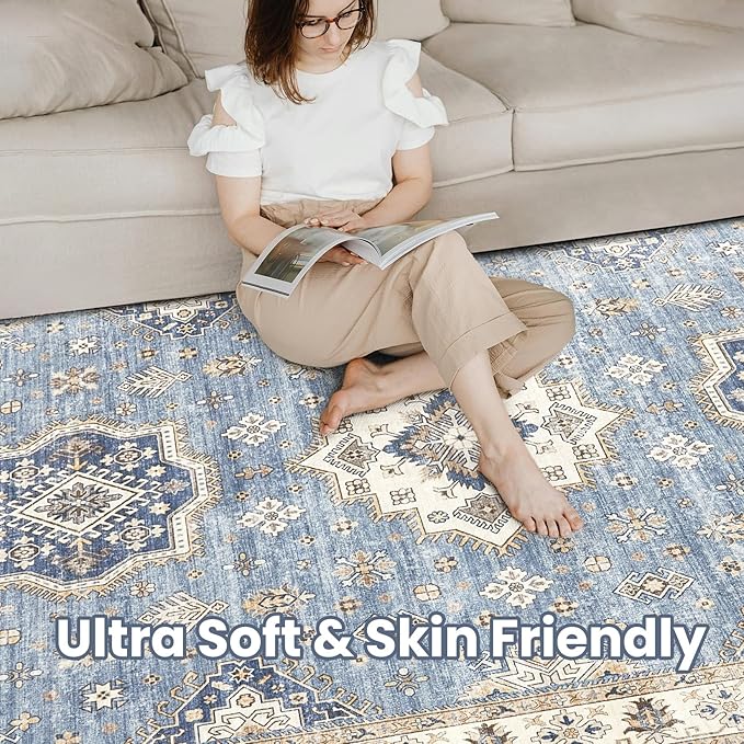 Washable Area Rugs for Living Room -10x13 Neutral Vintage Distressed Floral Farmhouse Boho Large Soft Floor Rug Indoor Non Slip Carpet for Living Room Bedroom Dining Room Office - Blue