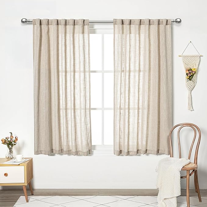 MYSKY HOME Curtains for Kitchen Windows, Sheer Curtains 63 Inch Length for Girls Bedroom Boho Linen Look Textured Fabric Soft Touch Light Filtering, 50" Wide, Light Oatmeal, Set of 2