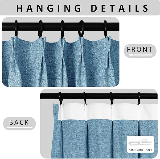 Macochico 100”Wx102”L 100% Blackout Pinch Pleated Linen Curtains for Sliding Door Bedroom Living Room Farmhouse Thermal Insulated Blue Burlap Drapes with Tieback 1 Panel Shabby Chic Style