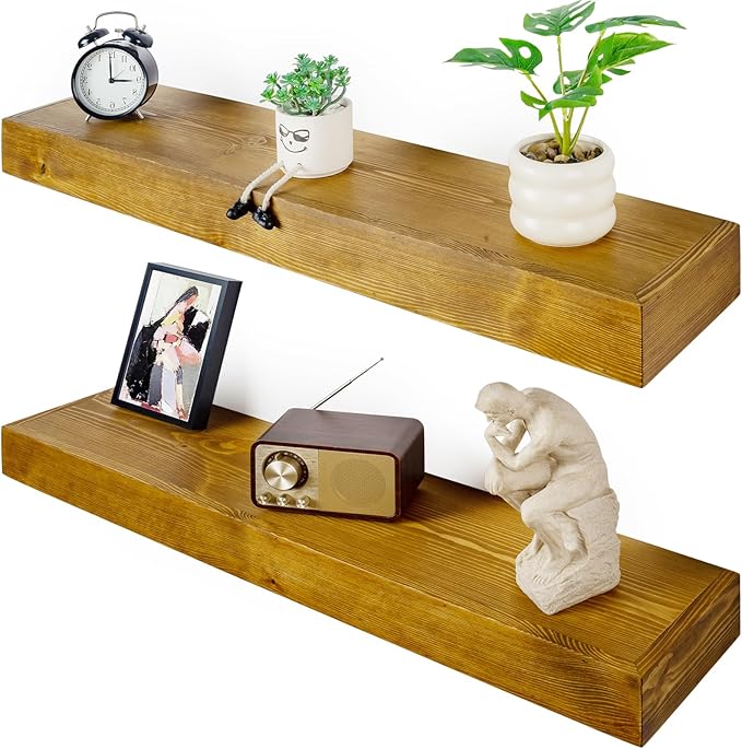 Floating Shelves 3 inch Thick for Wall Set of 2,Solid Pine Wood Wall Mount Shelf for Kitchen Living Room Bedroom Bathroom,8" D x 36" L x 3" H-Gold Oak