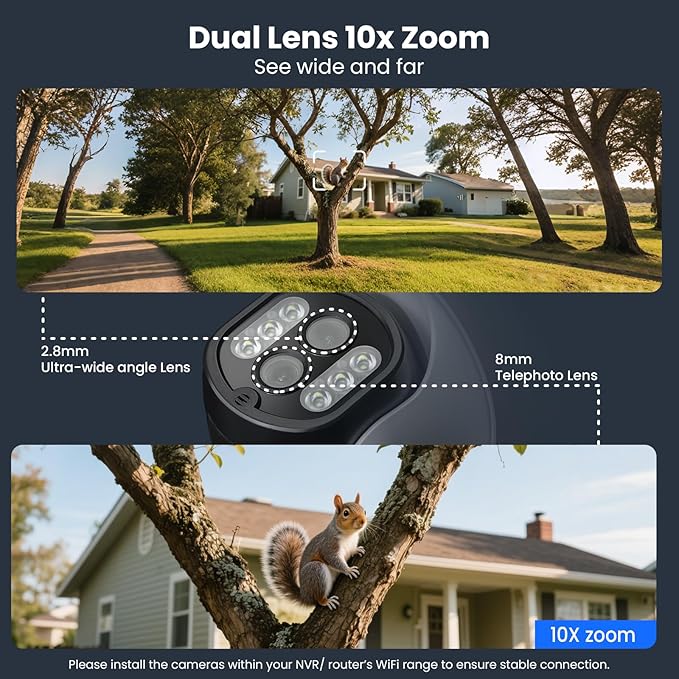 xmartO 16CH 12-Camera WiFi6 Security Camera System Wireless Outdoor/Indoor, 16CH 4K NVR with 4X 2K HD Dual Lens Cameras with Auto Tracking, 1TB HDD (Plug-in 24/7 Surveillance, Long Range WiFi)