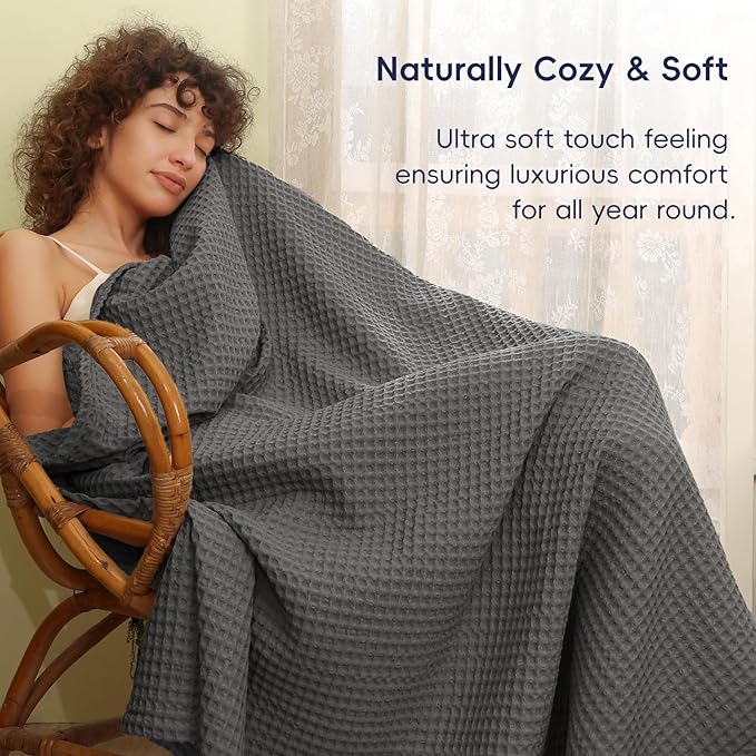PHF Ultra Soft Waffle Weave Throw Blanket 50"x 60"- Washed Lightweight Breathable Cozy Woven Blanket for Bed - Aesthetic Decor for Couch Bedding Sofa Home Car - Grey