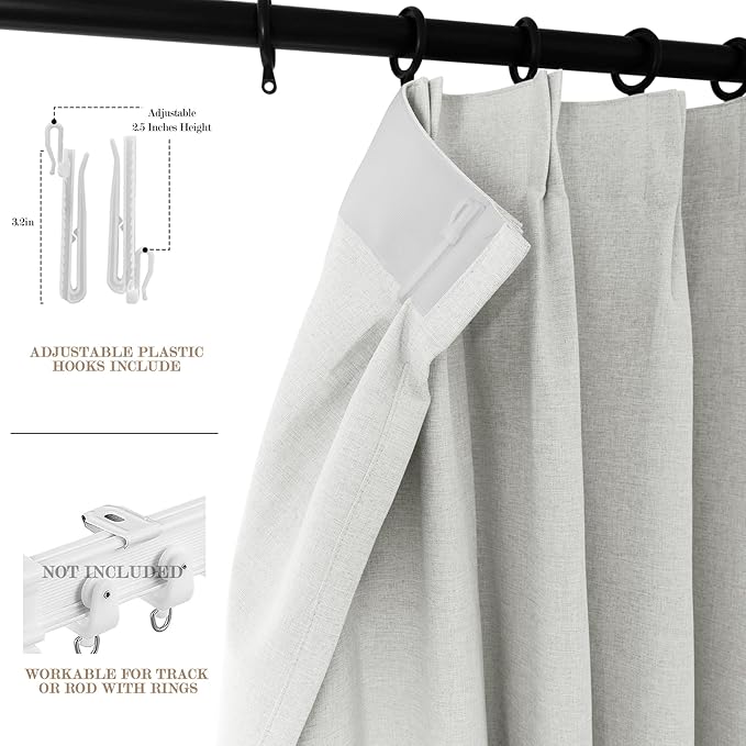 70" W x 108" L Faux Linen Room Divider Curtains, Full Blackout Pinch Pleated Drapes for Traverse Rod, Bedroom Divider Privacy Drapery with Hooks for Ceiling Track, 1 Panel, Greyish White