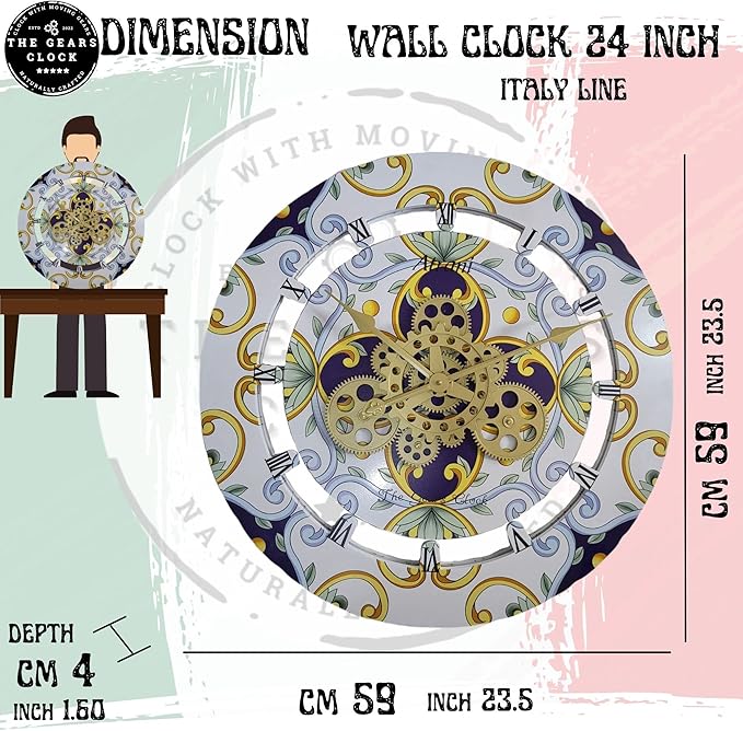 The Gears Clock Wall Clock Italy Collection with Moving Gears (Amalfi, 24 inch Round)