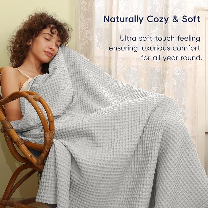 PHF Ultra Soft Waffle Weave Blanket Twin Size 66"x 90"- Washed Lightweight Breathable Cozy Woven Blanket for Bed - Aesthetic Decor for Couch Bedding Sofa Home Car - Light Grey