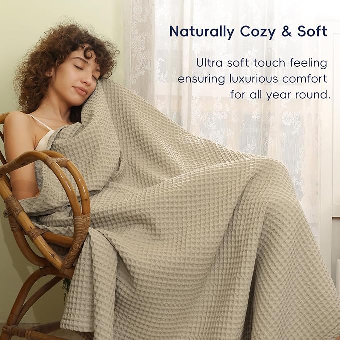 PHF Ultra Soft Waffle Weave Throw Blanket 50"x 60"- Washed Lightweight Breathable Cozy Woven Blanket for Bed - Aesthetic Decor for Couch Bedding Sofa Home Car - Khaki