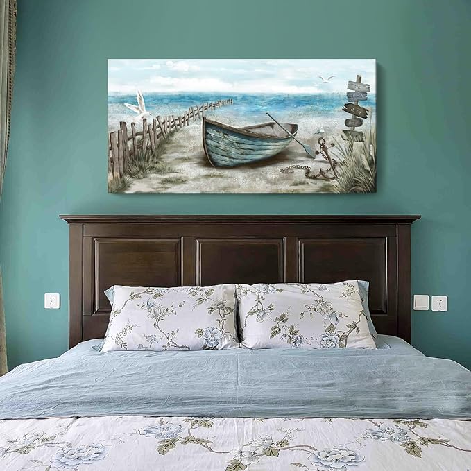 Wall Art for Living Room Large Beach Decor Picture Seagull Vintage Boat Artwork Ocean Sea Bird Canvas Print Seascape Nautical Painting Blue Teal Rustic Coastal Themed Cottage Bedroom Office Décor