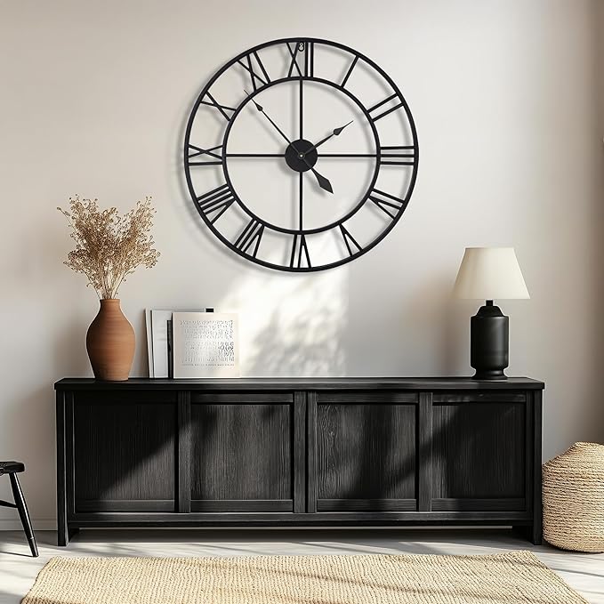 Large Wall Clocks for Living Room Decor, 32 Inch Round Black Metal Silent Non Ticking Battery Operated Jumbo Numerals Modern Vintage Decorative Clock Wall for Bedroom,Kitchen,Office,Farmhouse