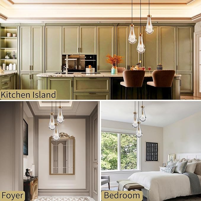 Brass 3 Light Pendant Lighting for Kitchen Island, Raindrop Cluster Pendant Light Fixture, Adjustable Hanging Rope Glass Chandelier Dining Room Light Fixture Ceiling Lamp for Foyer Hallway