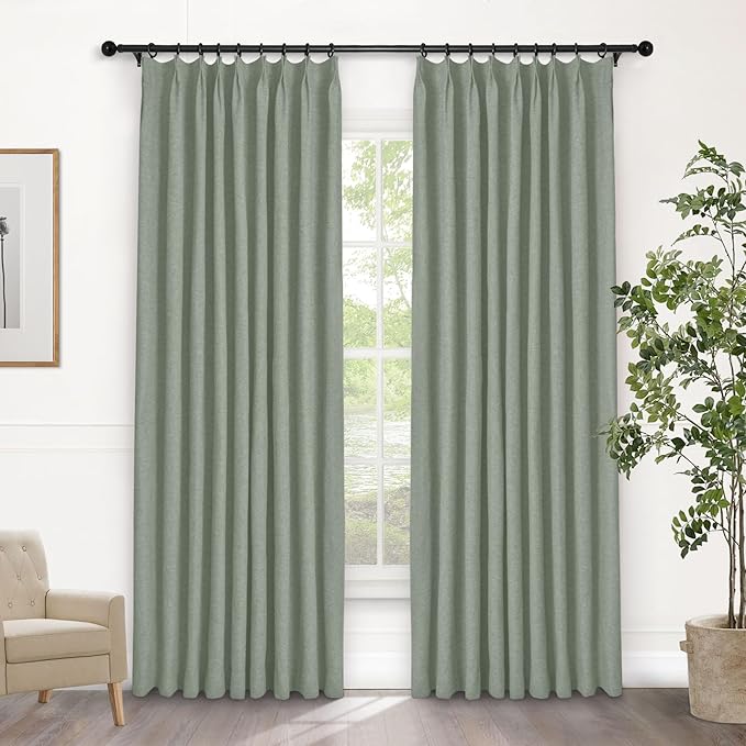 Macochico Pinch Pleated Blackout Curtains 102 Inches Long 100% Light Blocking Fog Green Linen Drapes for Bedroom Living Room Farmhouse Shabby Chic Burlap Curtains with Tieback 72”Wx102”L 1 Panel