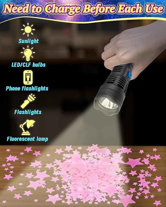 201 Pcs Glow in The Dark Stars Stickers for Ceiling, Pink Toddler Wall Room Decor Gifts, Luminous 3D Glowing Stars Stocking Stuffers for Kids Boys Girls