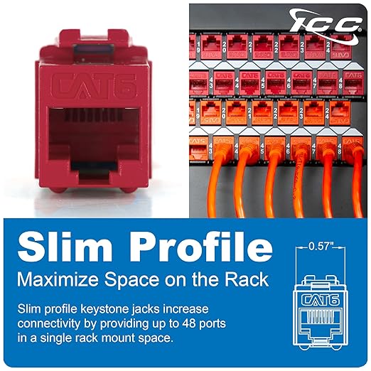 ICC CAT6 Keystone Jack with Slim Profile 180 Degree Punch Down, RJ45 UL Listed PoE++ TAA Compliant for Wall Plate or Patch Panel, Works with JackEasy Termination Tool, Red 10 Pack