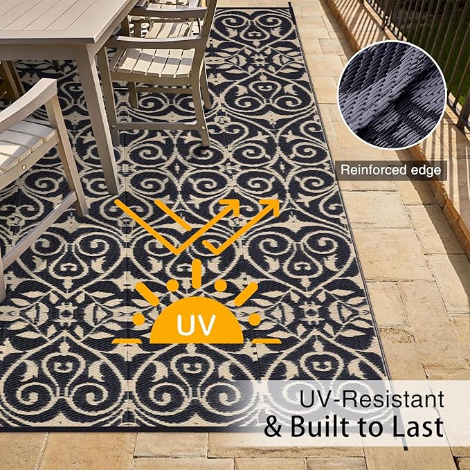 OLANLY Outdoor Rug Waterproof 9x12 ft Clearance, Reversible Outdoor Plastic Straw Rug with Floral Pattern, RV Mat for Patio, Camping, Balcony, Deck, Backyard, Black & Beige