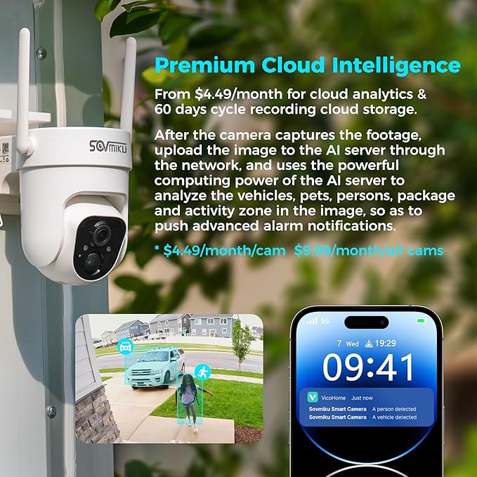 Vicohome 4CQ4 2K AI Solar Security Camera Wireless Outdoor, Battery Powered Cam, Color Night Vision, Two Way Audio, Motion Detection, Easy to Setup, Audible Flashlight Siren 180 Days Exchange Policy