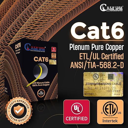 NewYork Cables | CAT6 Plenum Cable 1000ft UL/ETL Listed, 100% Pure Copper, UTP, 550MHz, 23AWG, 4Pair 10GB Ethernet Cable | Certified CMP-Rated Fire-Resistant (1000ft, Pure Copper UL Listed, Yellow)