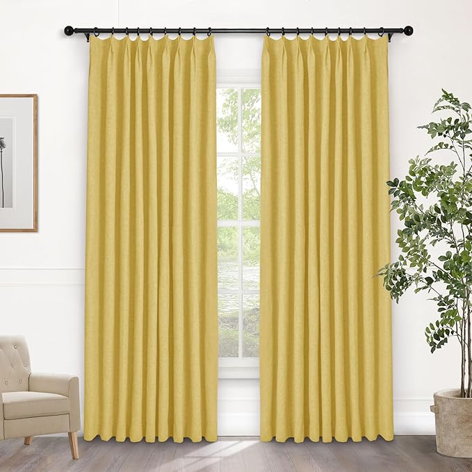 Macochico 100% Blackout Yellow Linen Curtains 84 Inches Long Pinch Pleated Burlap Curtains for Bedroom Living Room Farmhouse Nursery Thermal Window Panels with Tieback 72”Wx84”L 1 Panel