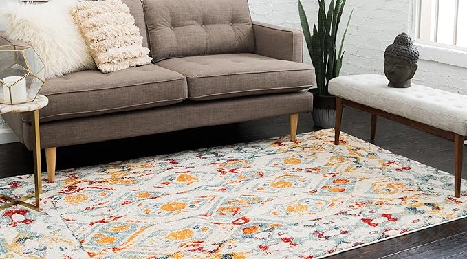 Unique Loom Rosso Collection Vintage, Geometric, Bohemian, Traditional, Distressed, Southwestern Area Rug, 4' 0" x 6' 0", Multi/Ivory
