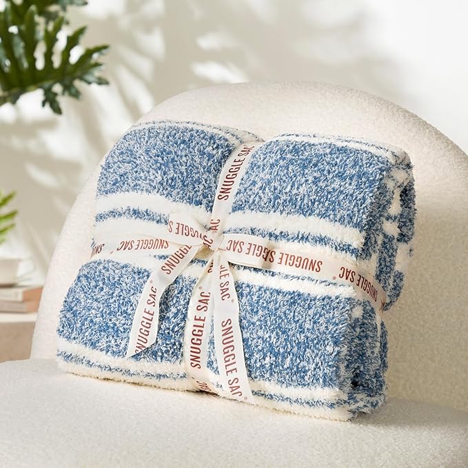 Snuggle Sac Queen Size Bedding Blankets, Oversized Bed Blankets Super Soft Warm Cozy Knit Fuzzy Blankets for Bed, Bedroom, Stripe Blue, 90"x90"