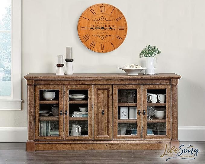 LifeSong Milestones Personalized 70th Anniversary Engraved Cherry Wall or Desktop Clock for Living Room Bedroom, Kitchen, Office, New Home, Couples Gift 12 Inch Diameter (Celebrating Our)