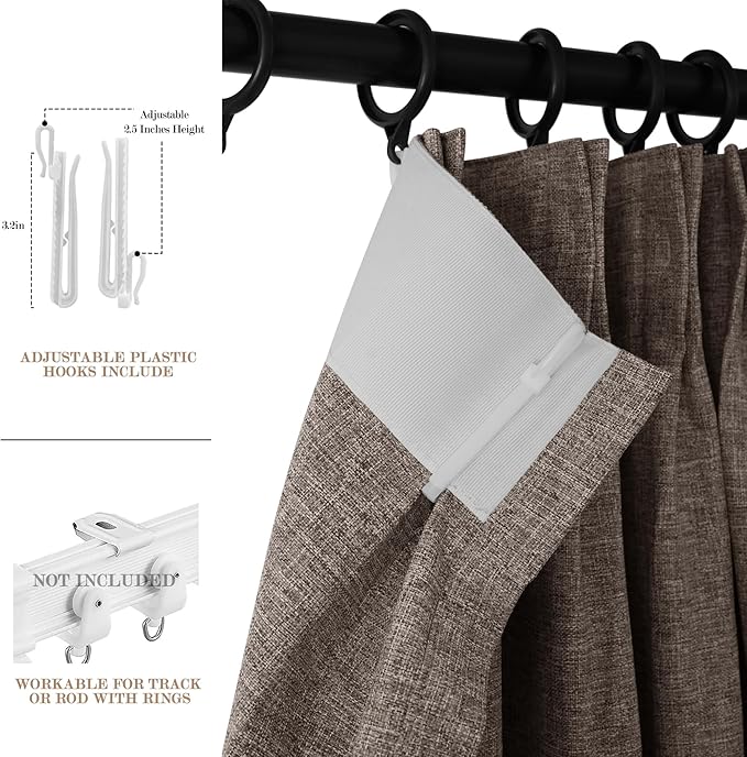 70" W x 108" L Faux Linen Room Divider Curtains, Full Blackout Pinch Pleated Drapes for Traverse Rod, Bedroom Divider Privacy Drapery with Hooks for Ceiling Track, 1 Panel, Light Coffee