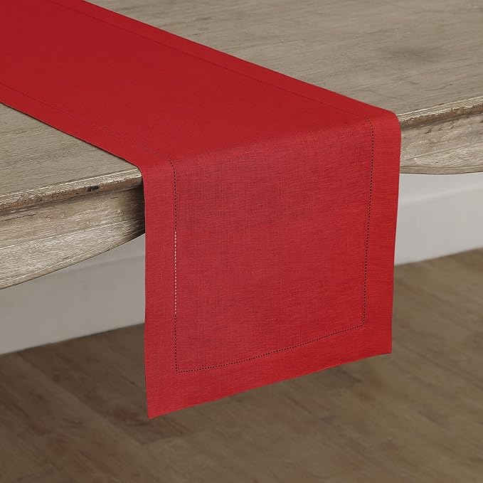 Solino Home Linen Red Table Runner 108 Inches Long - 100% Pure Linen 14 x 108 Inch Table Runner - Classic Hemstitch