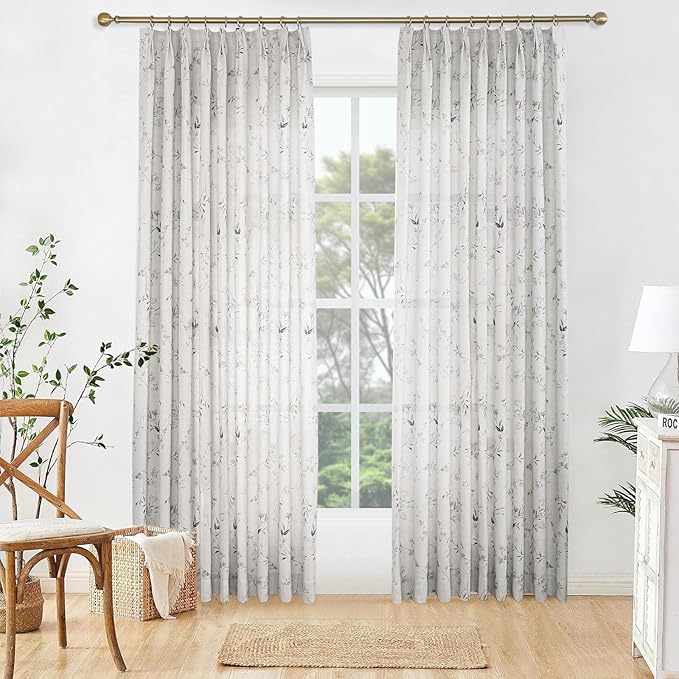 Pinch Pleated Floral Linen Curtains, 100 Inch Wide by 90 Inch Long Printed Curtains for Privacy Light Filtering, Suitable for Living Rooms and Sunrooms.2 Panels