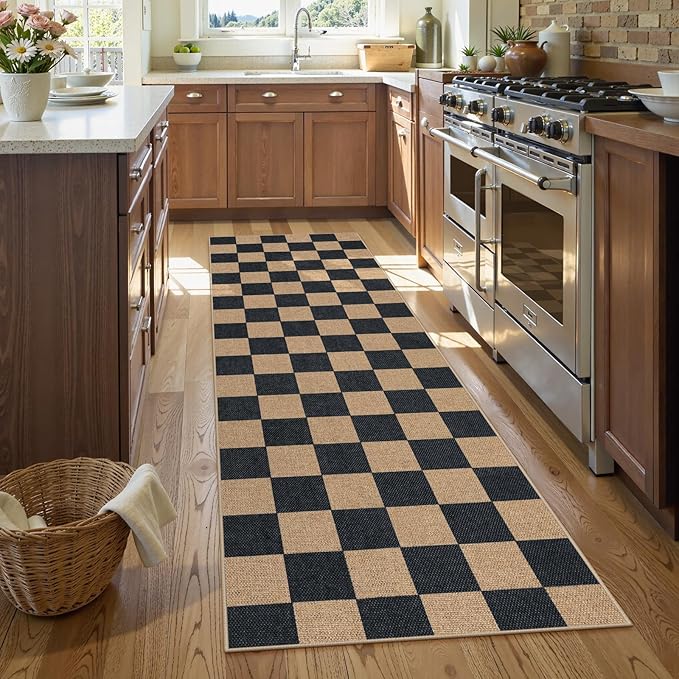 Lahome Checkered Easy Jute Runner Rug, 2x8 Kitchen Rug Non Slip Washable Outdoor Runner for Entryway Indoor, Checkerboard Black Indoor Outdoor Carpet for Hallway 8ft Entry