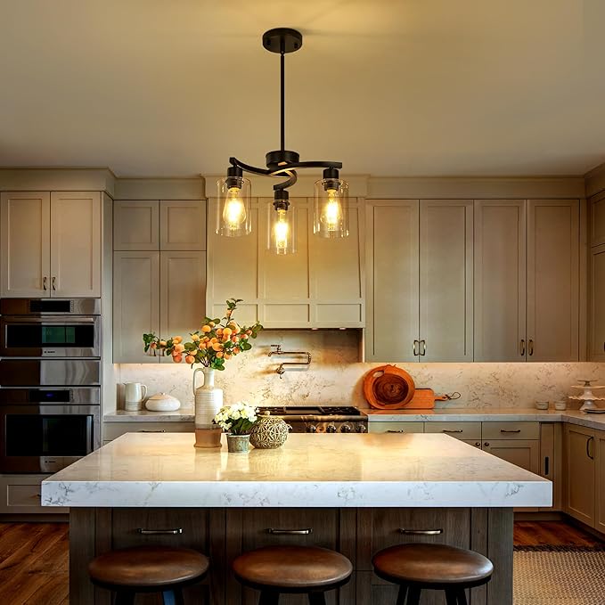3 Light Modern Dining Chandeliers Over Table，Black Light Fixture for Dining Room，Farmhouse Chandelier with Glass Shade，Industrial Pendant Lighting for Kitchen Island，Foyer,Hallway, Bedroom