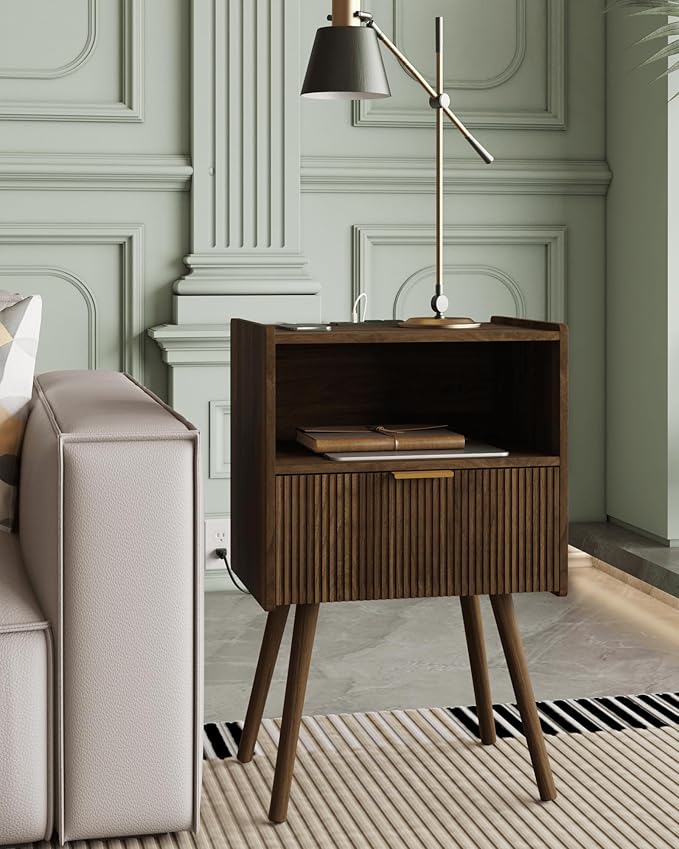 Nightstand,Modern Bedside Table with Storage Drawer and Open Wood Shelf, Accent Night Stand with Solid Wood Legs for Living Room, Bedroom and Small Spaces,Easy Assembly (Walnut Brown-Outlet)