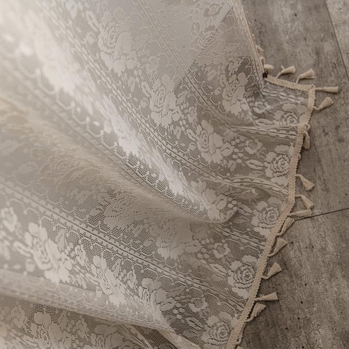 Sutuo Home Boho Kitchen Curtains Crochet Florals Embroidery, Bohemian Sheer Lace Curtains Handmade Knitted Tassels Vintage Chic Farmhouse Drape for Nursery Bedroom Rod Pocket 1 Panel 59" W x 63" L