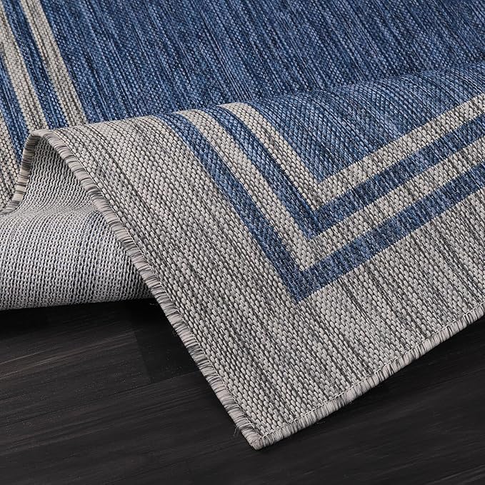 Bordered Outdoor Rug 10x14 Washable Outside Carpet for Indoor Patio Porch Waterproof Easy Cleaning Non Shedding Area Rugs Navy 10 x 14