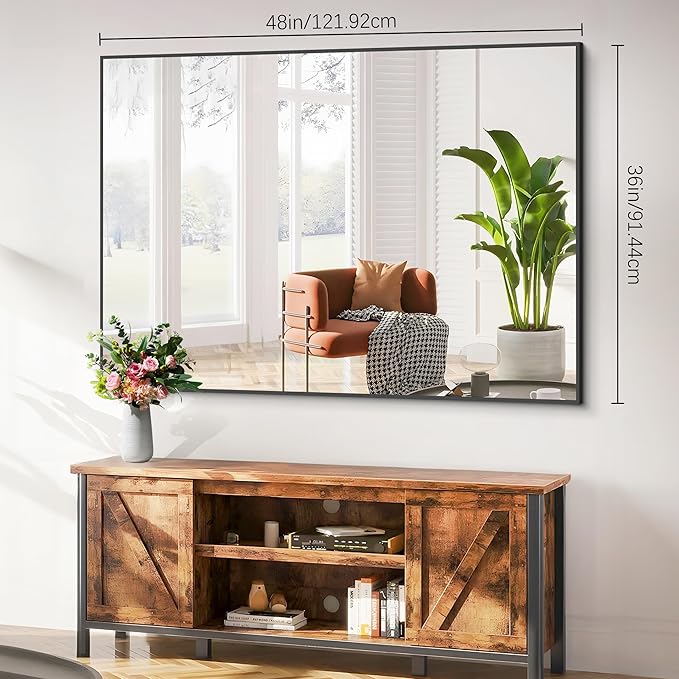 Black Bathroom Mirror, 48"X36" Rectangle Mirrors for Wall Metal Frame, Modern Vanity Wall Mirror for Bathroom Living Room, Entryway Hangs Horizontal or Vertical