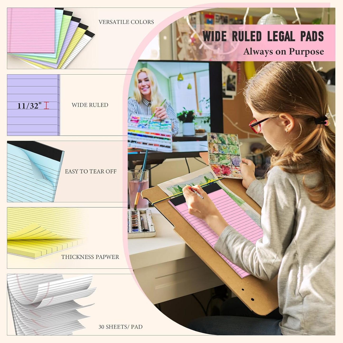 Colored Legal Pads, 3 Pack Writing Pads 8.5 x 11, Wide Ruled Legal Notepads, Lined Pads of Paper 8.5 x 11, Blue/ Purple/Green Note Pads, 30 Sheets Per Legal Pads for School, College, Office, Home